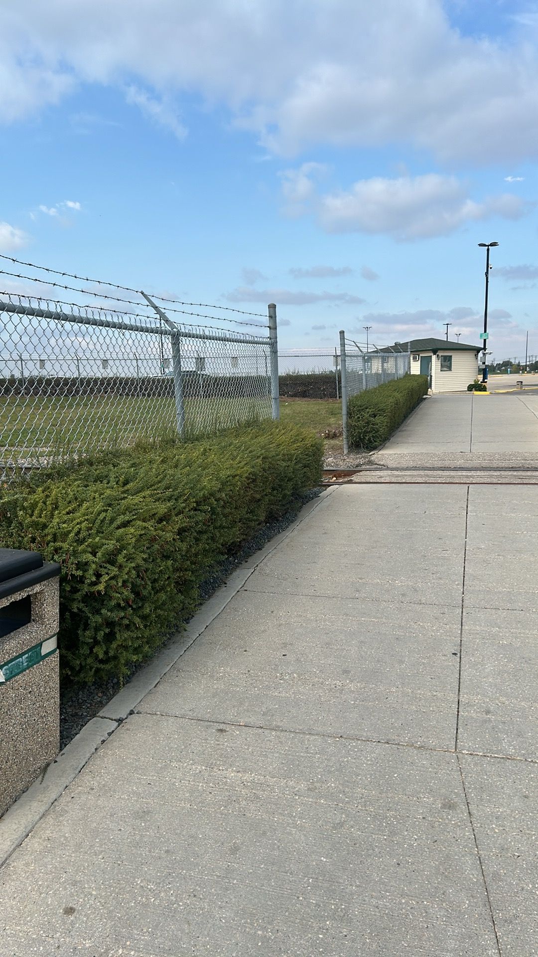 Freshly trimmed hedges along a chain fence
