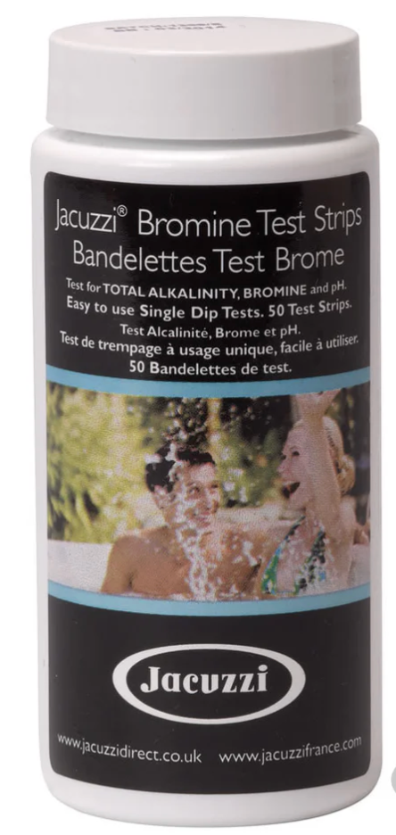 Flacon de bandelettes de test au brome pour jacuzzi. Contient 50 bandelettes. Le flacon représente des personnes profitant d'un bain à remous.