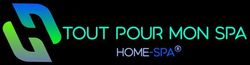 Le du magasin Home Spa dans le Haut Rhin  est bleu et blanc sur fond noir.