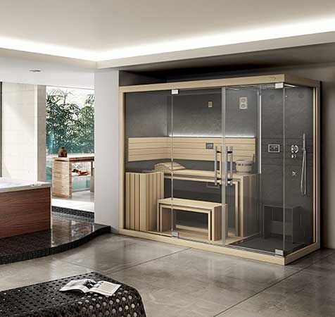 Il y a un sauna au milieu de la pièce.