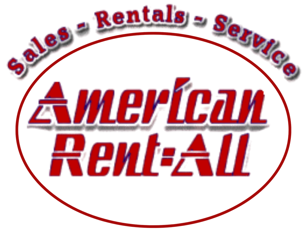 A red and white logo for american rent-all