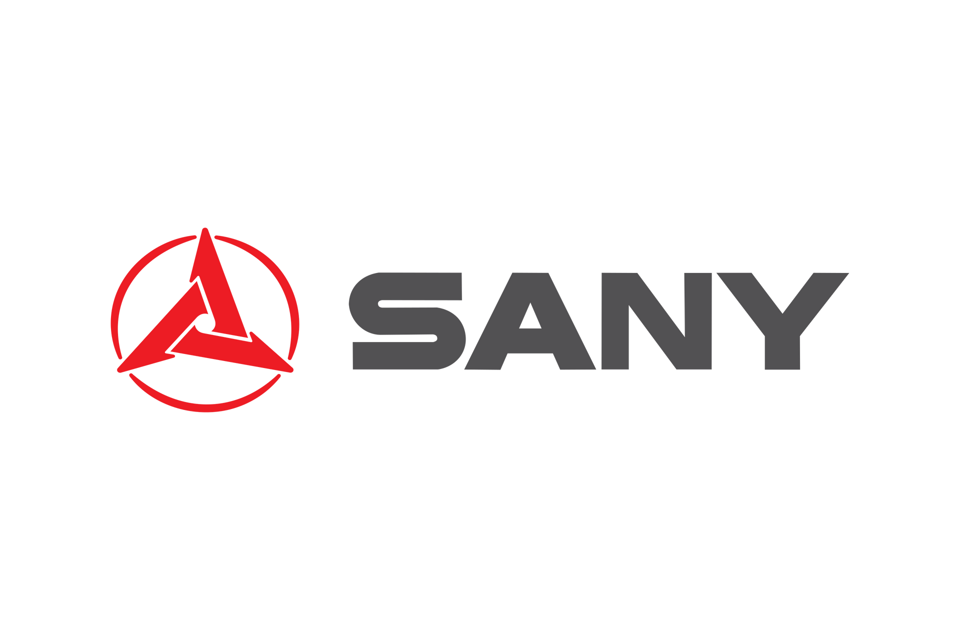 A sany logo with a red triangle in a circle on a white background.