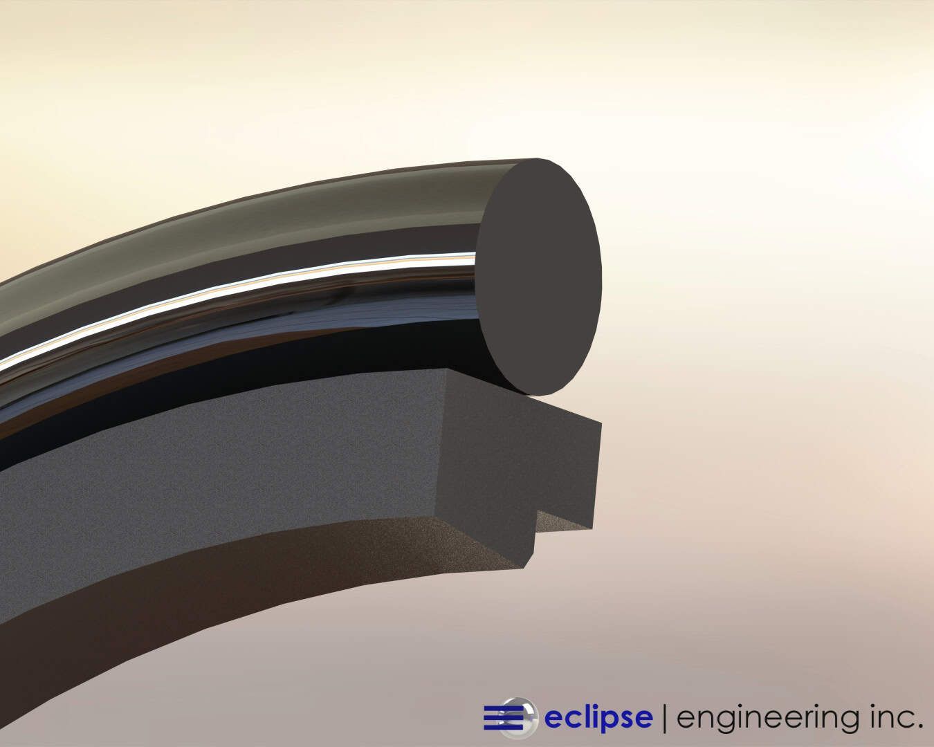 3D rendering of a black rubber quad-ring seal with a round top and grooved base, shown in cross-sect