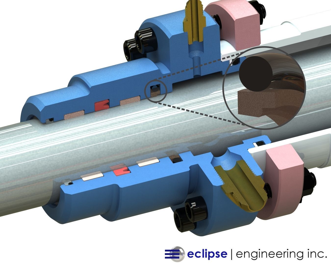 A 3D cutaway illustration of a hydraulic or pneumatic cylinder assembly showing internal components, including seals, bushings, and fasteners. A red arrow points to a specific area inside the blue housing along the metal rod, highlighting a section of the internal sealing mechanism.