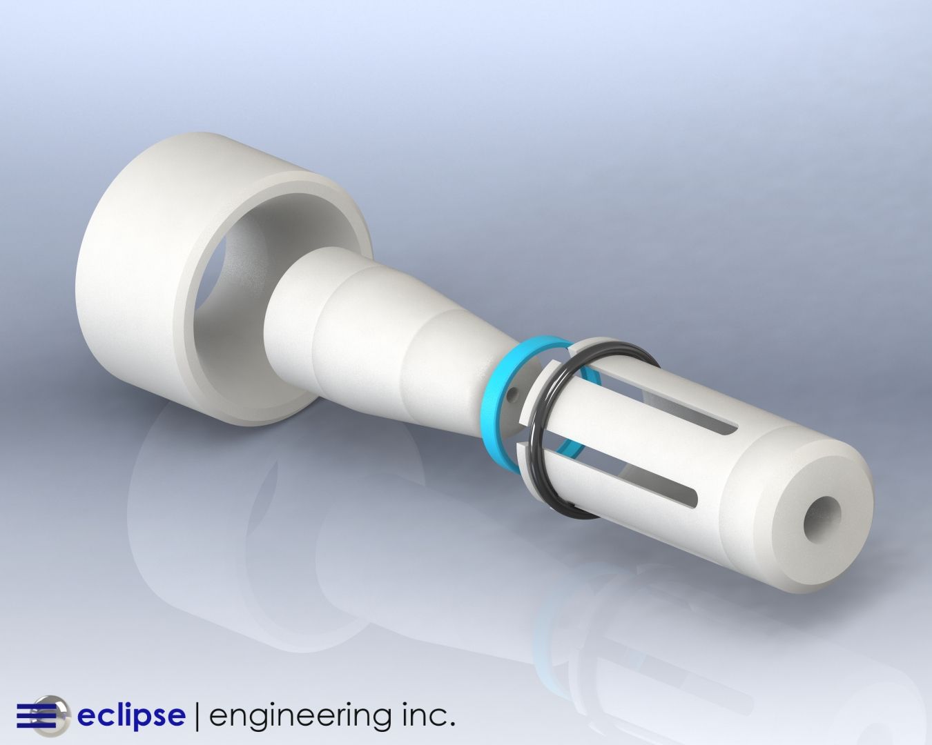 Exploded view of a seal installation showing a bullet-style installation tool guiding a blue O-ring into a metal gland for proper alignment and damage-free assembly.