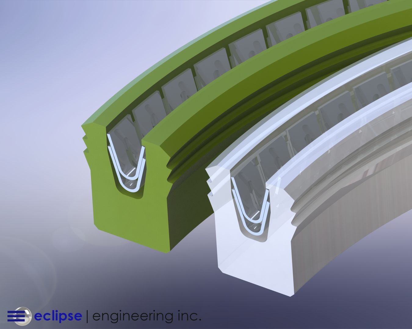 A 3D rendering of a green spring-energized rotary seal showing dual helical spring energizers
inside