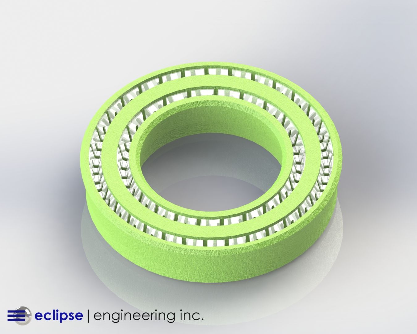 A 3D rendering of a green spring-energized rotary seal showing dual helical spring energizers inside the inner and outer sealing lips, created by Eclipse Engineering.
