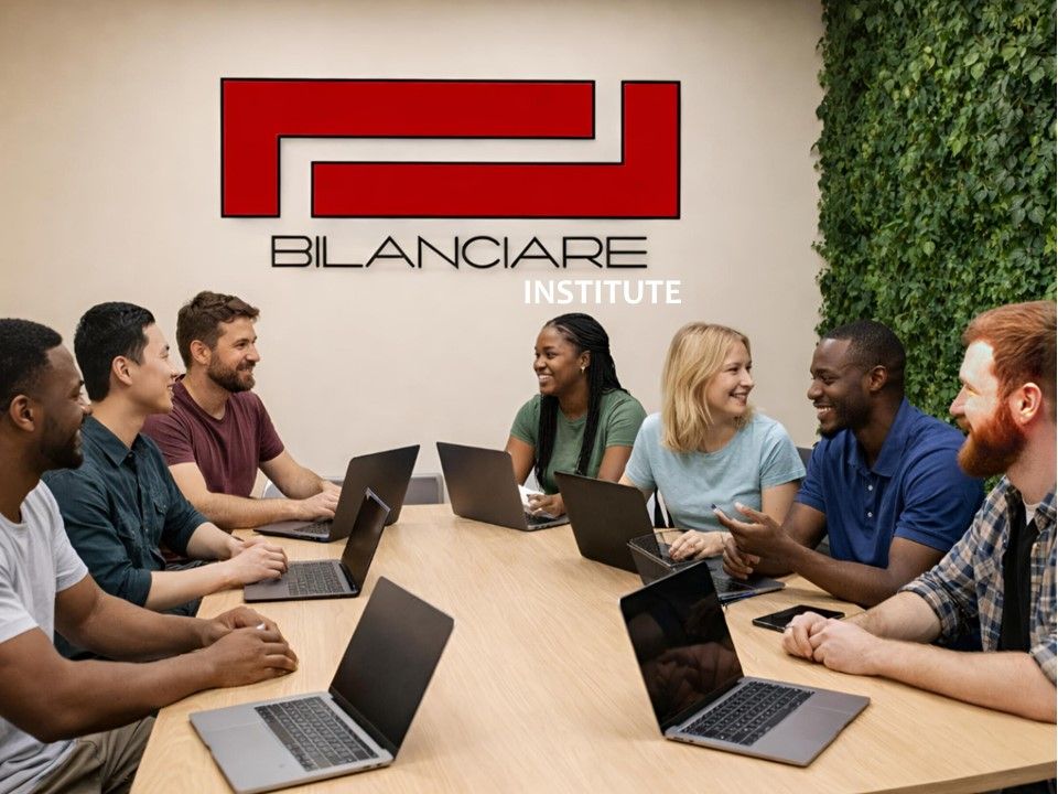 Un grupo diverso de personas sentadas alrededor de una mesa de conferencias con ordenadores portátiles debajo del logotipo rojo del Instituto Bilanciare.