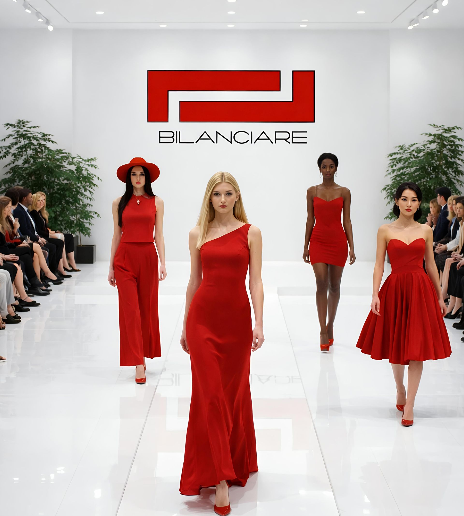 Cuatro modelos desfilan por una pasarela blanca en un estudio luminoso, todas luciendo conjuntos rojos bajo el logotipo rojo de la marca 
