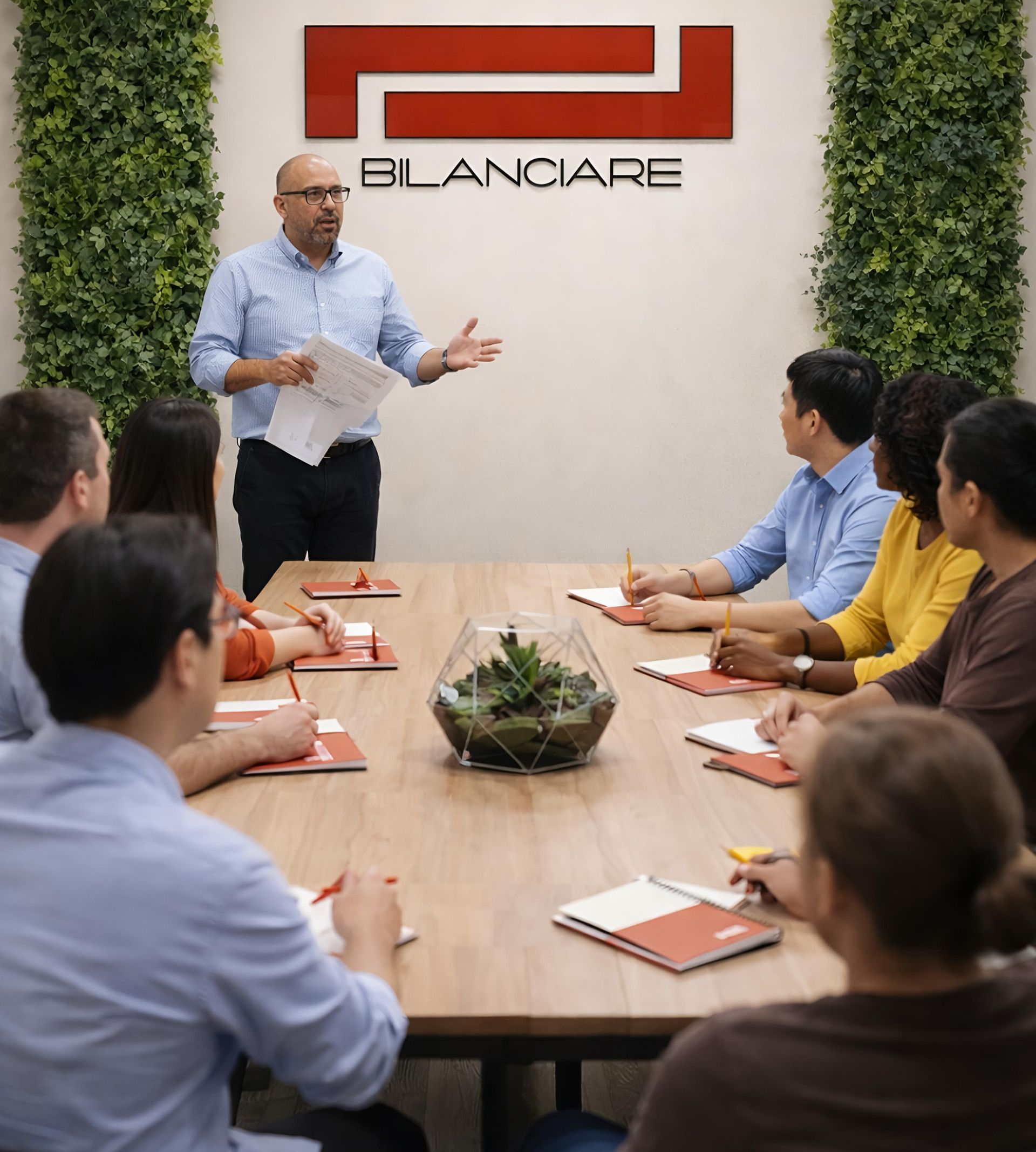 Un presentador dirige una reunión para un grupo de personas sentadas alrededor de una larga mesa de madera en una sala con el logotipo de una marca.