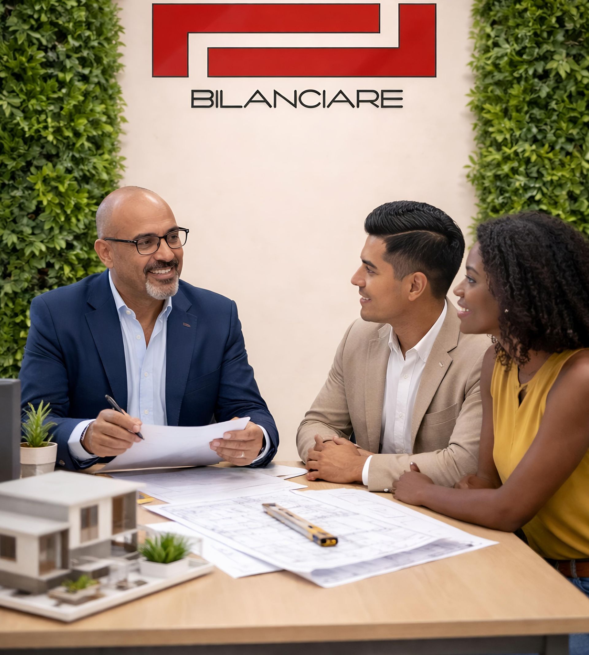 Un arquitecto revisa los planos de un edificio con una pareja en un escritorio, donde se puede ver una maqueta arquitectónica y la marca Bilanciare.