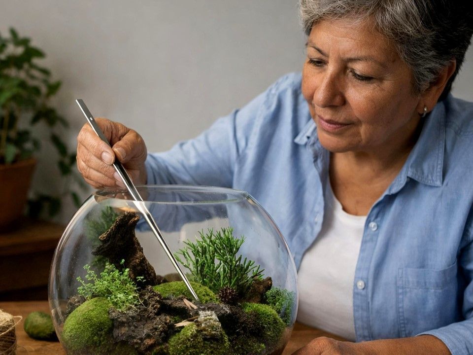 Una persona utiliza unas pinzas metálicas largas para colocar cuidadosamente musgo y pequeñas plantas dentro de un terrario de cristal.