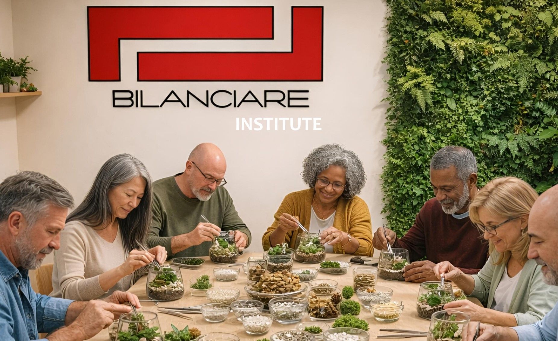 Un grupo diverso de personas se sienta alrededor de una mesa y trabaja en conjunto para ensamblar pequeños terrarios de interior en el Instituto Bilanciare.