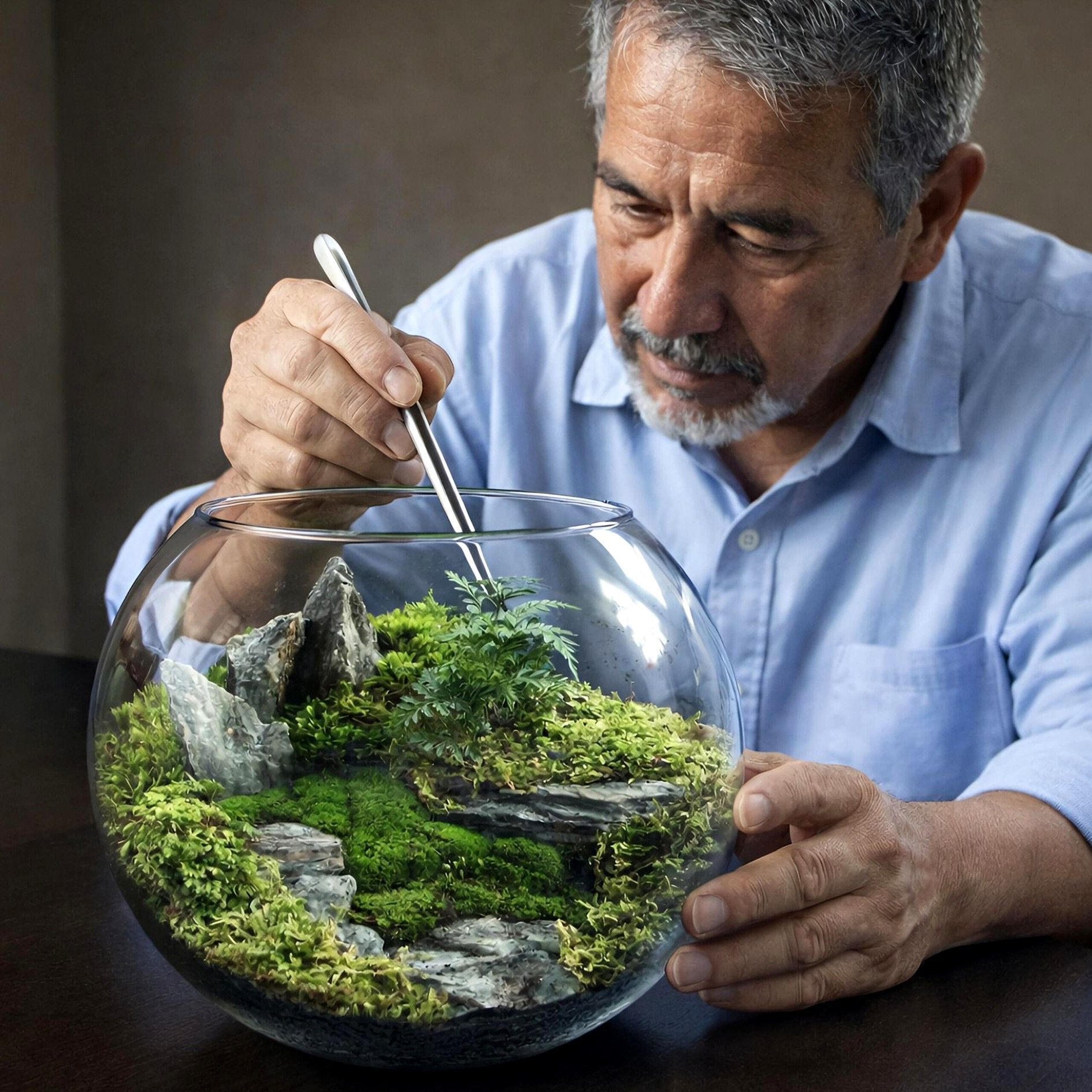 Una persona utiliza unas pinzas metálicas largas para colocar cuidadosamente musgo y pequeñas piedras dentro de un terrario de cristal.