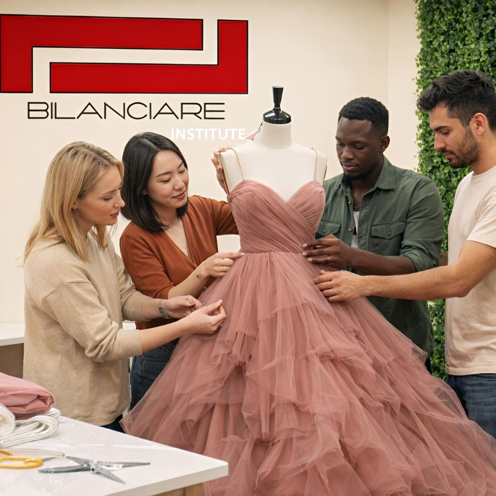 Cuatro personas colaboran para ajustar un vestido de tul rosa empolvado de varias capas sobre un maniquí en un estudio con un fondo de marca.