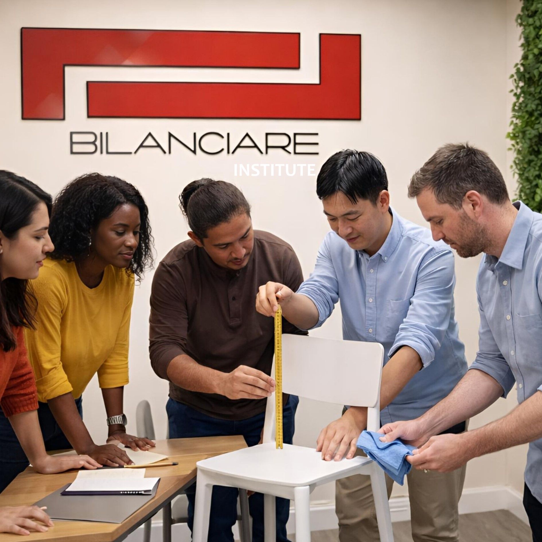 Cinco personas colaboran sentadas a una mesa en el Instituto Bilanciare, midiendo una silla blanca con una cinta métrica amarilla.