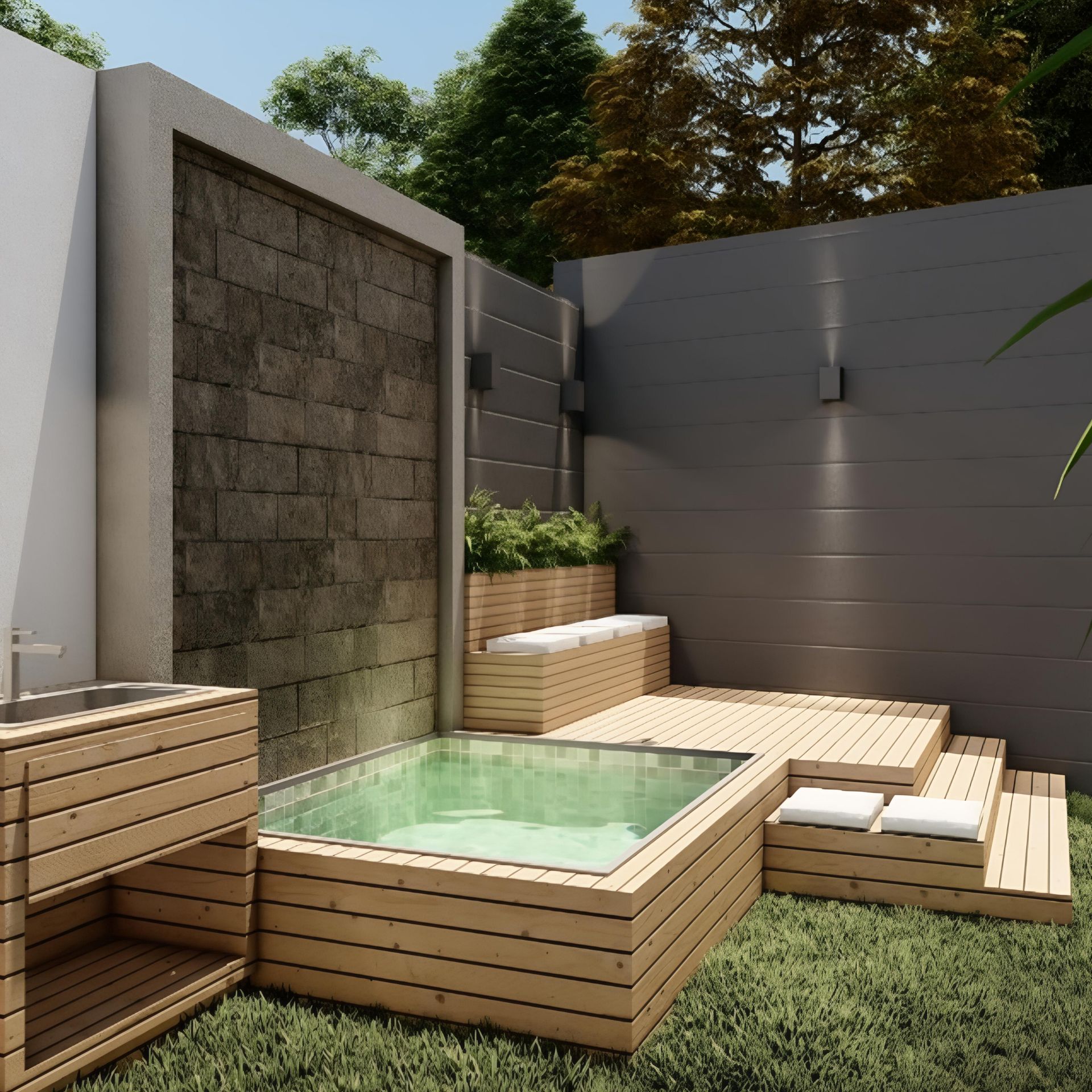 Una piscina cuadrada con paneles de madera y una fuente vertical de piedra en un patio trasero moderno y cercado.