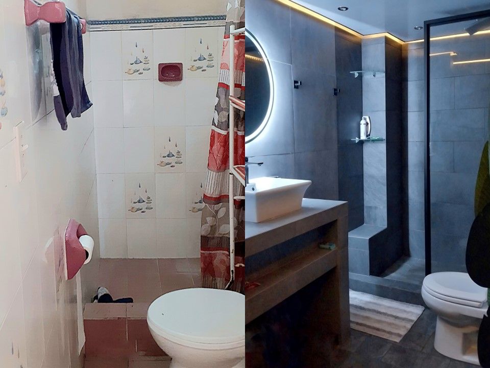 Imagen del antes y el después de la reforma de un baño, que muestra la transición de un estilo antiguo con estampados a un diseño moderno y oscuro.
