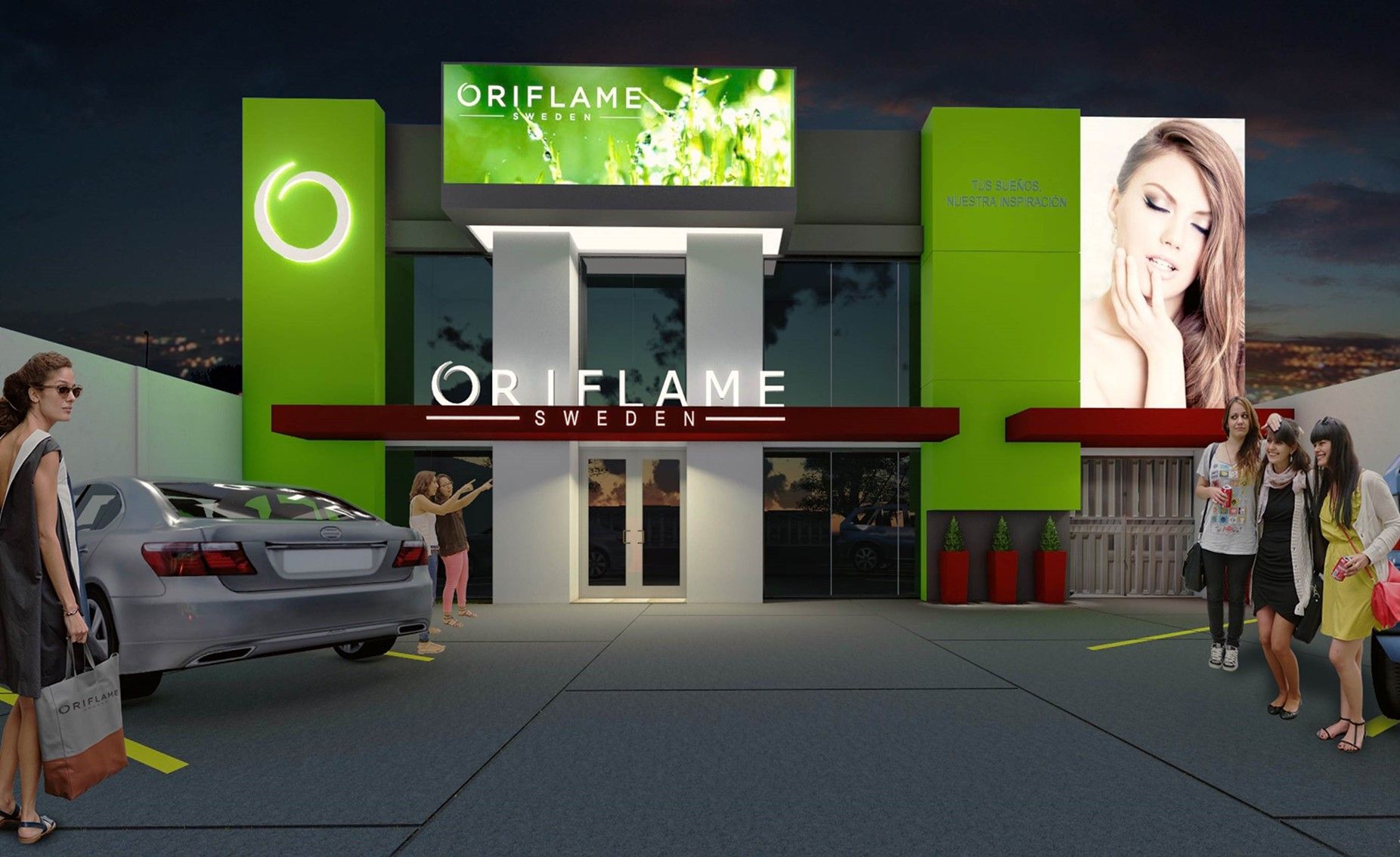 La fachada de un local de Oriflame por la noche, con un llamativo color verde, grandes letreros de la marca y gente en el aparcamiento.