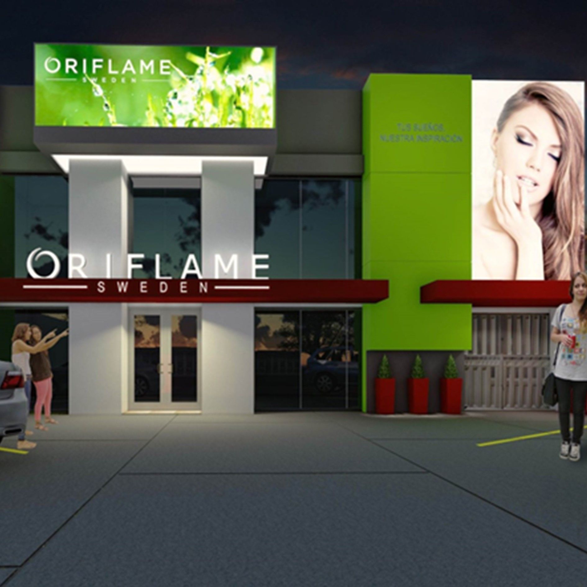 Exterior de un moderno edificio de Oriflame Suecia con detalles en verde, grandes anuncios y gente de pie en el exterior.
