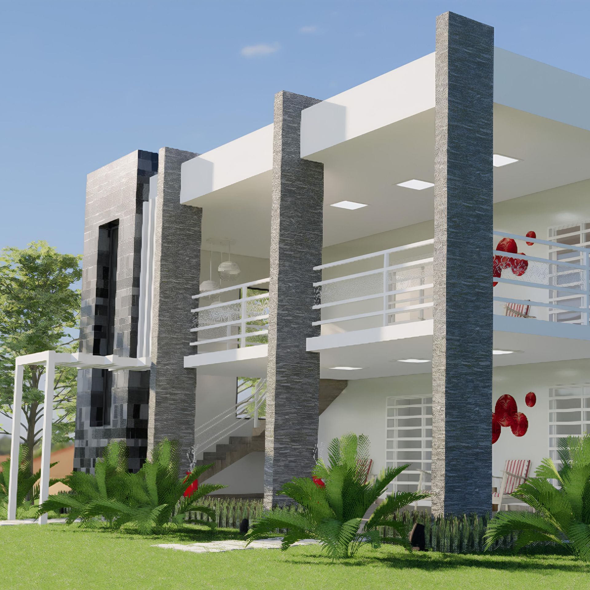 Un moderno edificio de dos plantas con paredes blancas, pilares de piedra, balcones escalonados y vegetación ajardinada en primer plano.