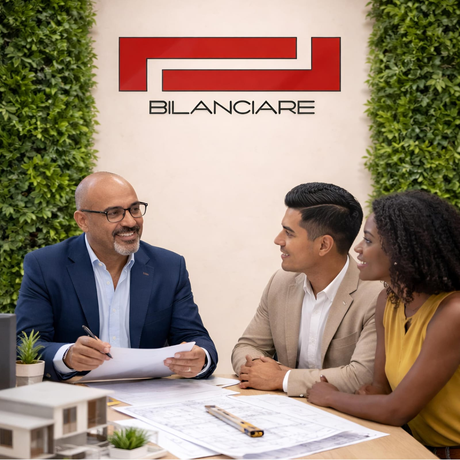 Un profesional sentado en un escritorio revisa los planos de construcción con una pareja, junto a una maqueta en miniatura de una casa.