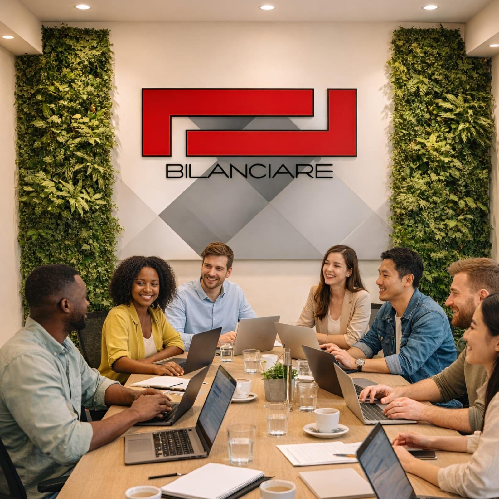 Un grupo diverso de profesionales colabora alrededor de una mesa de conferencias con sus ordenadores portátiles en una oficina moderna con paredes verdes.
