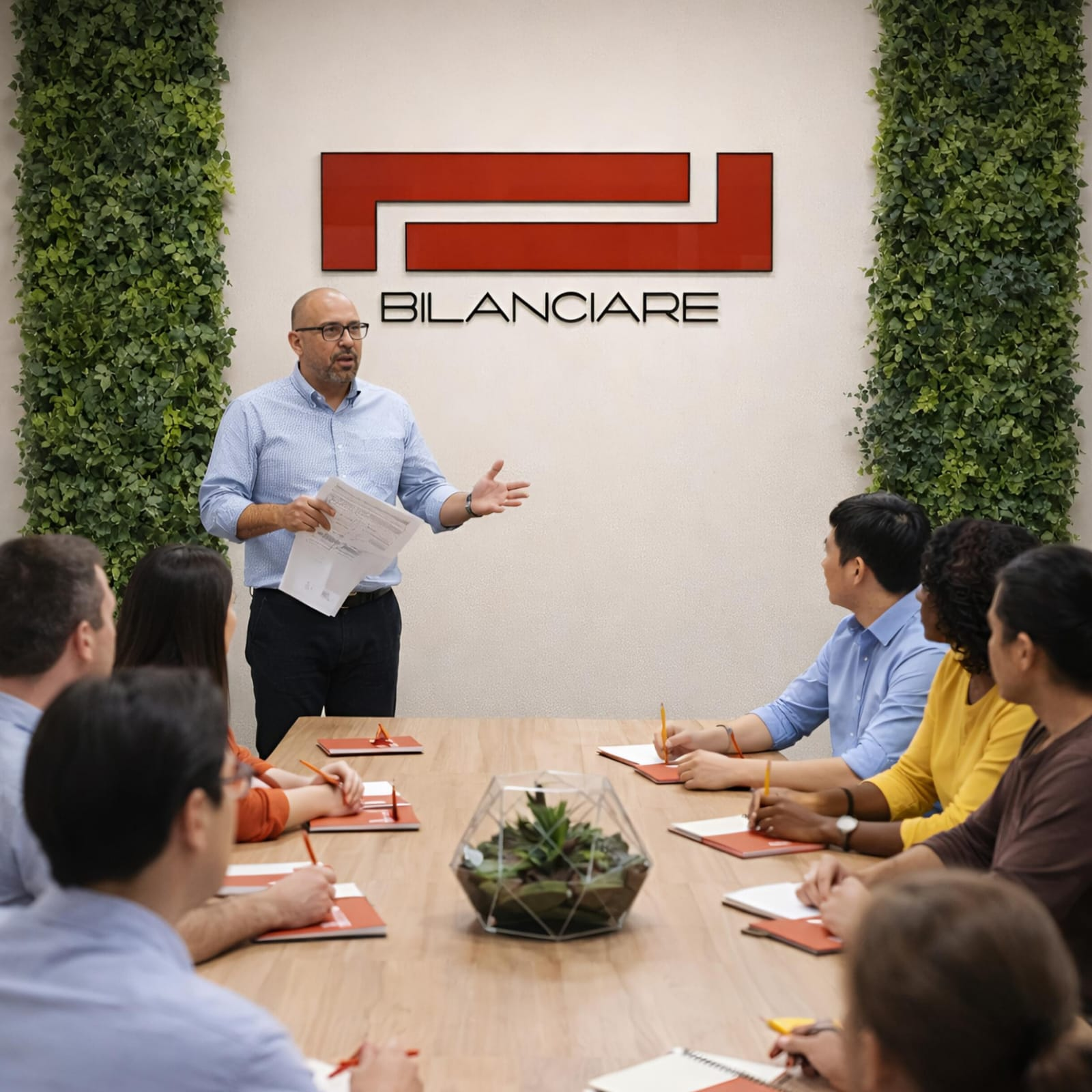 Una persona con una camisa azul claro dirige una reunión en una oficina luminosa, frente a un equipo sentado alrededor de una mesa de madera.
