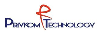 Logo de Privkom Technology, texte bleu avec un motif de ligne courbe rouge traversant les lettres « T » et « R »