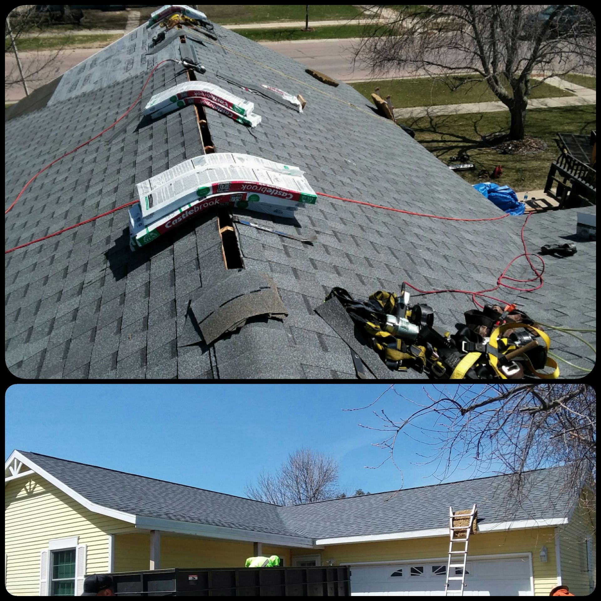Roofing Tools, Safety Harnesses and Pewter Shingle Bundles on a Roof in Arthur, ND