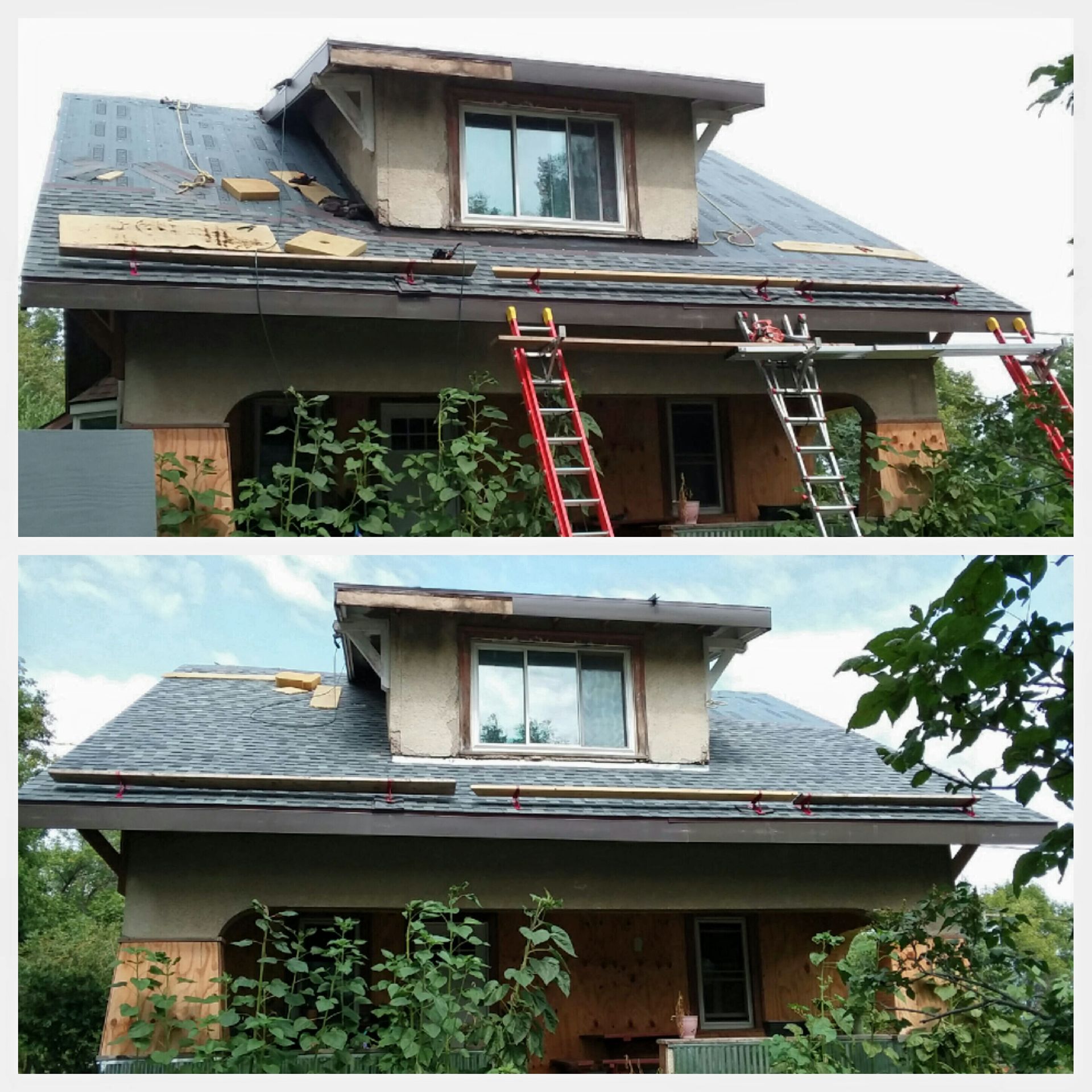 Dormer with Roof Safety Jacks above Eave and Ladders with Plank in Frazee, MN