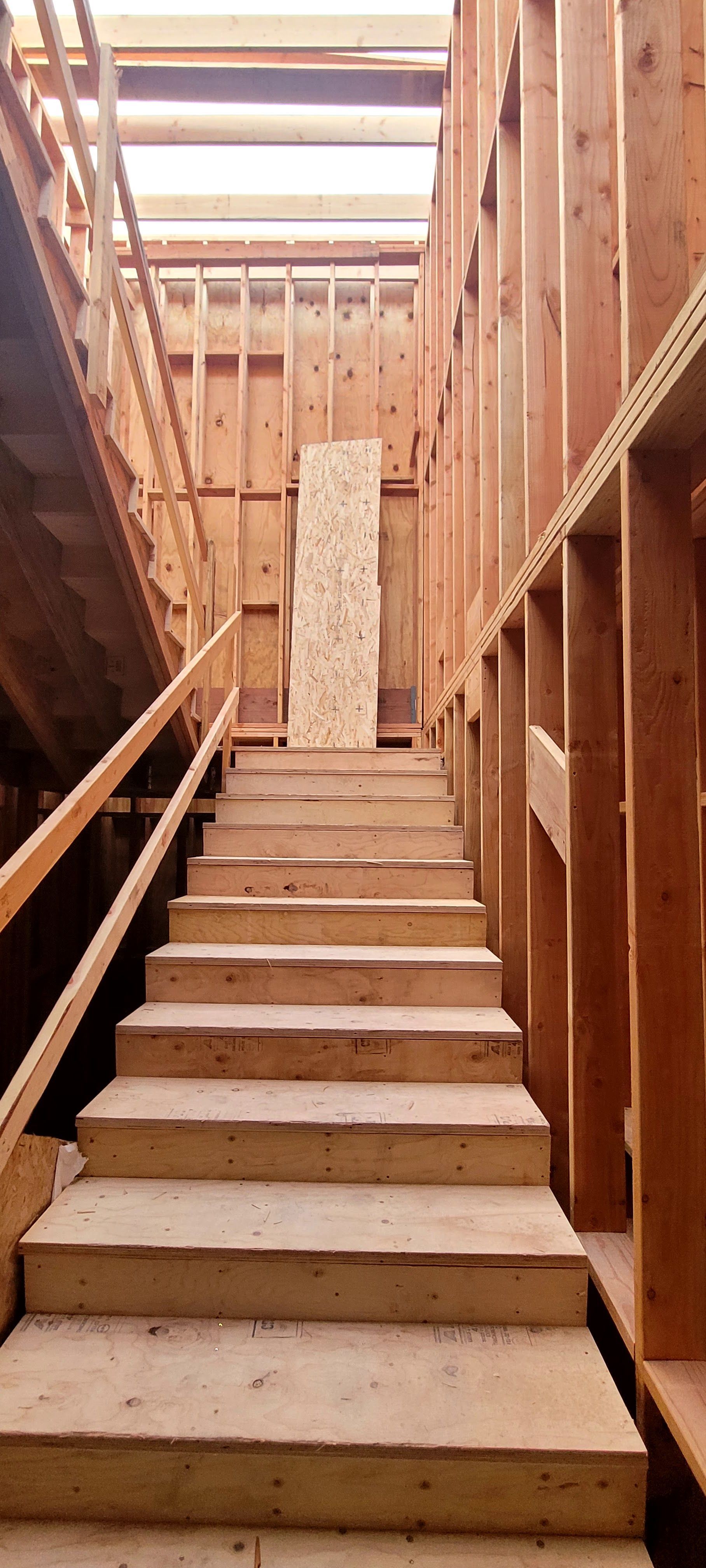 A set of unfinished wooden stairs inside a framed residential building under construction.