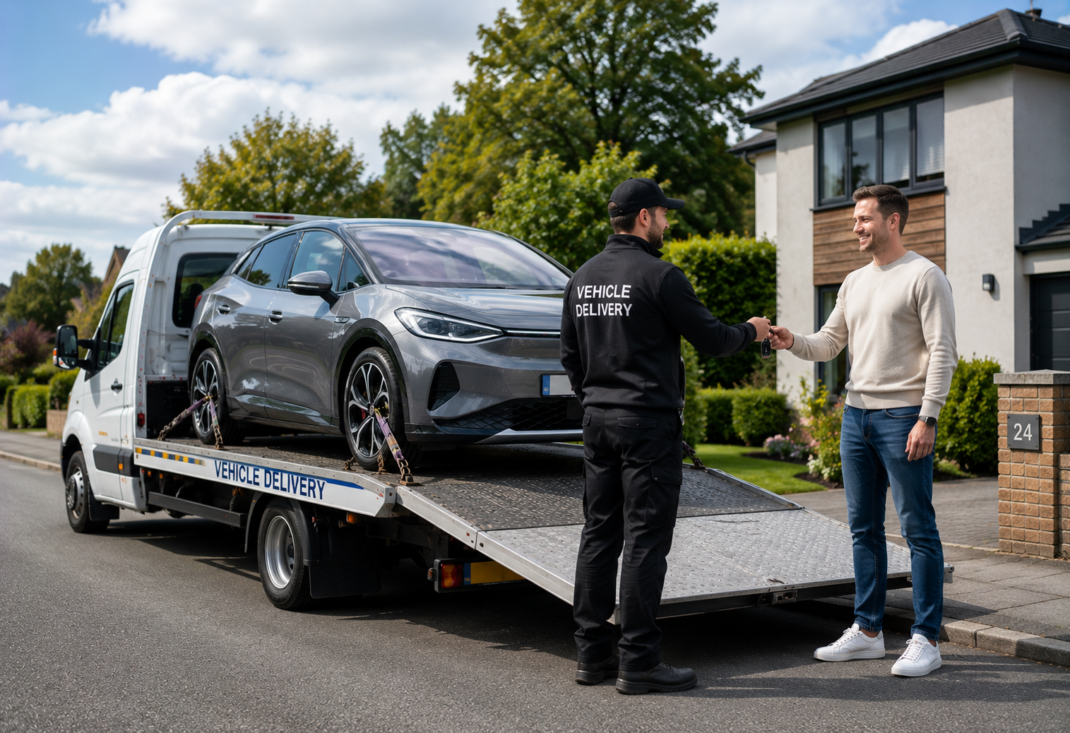 Black sedan on a tow truck ramp while two men talk beside a brick house driveway