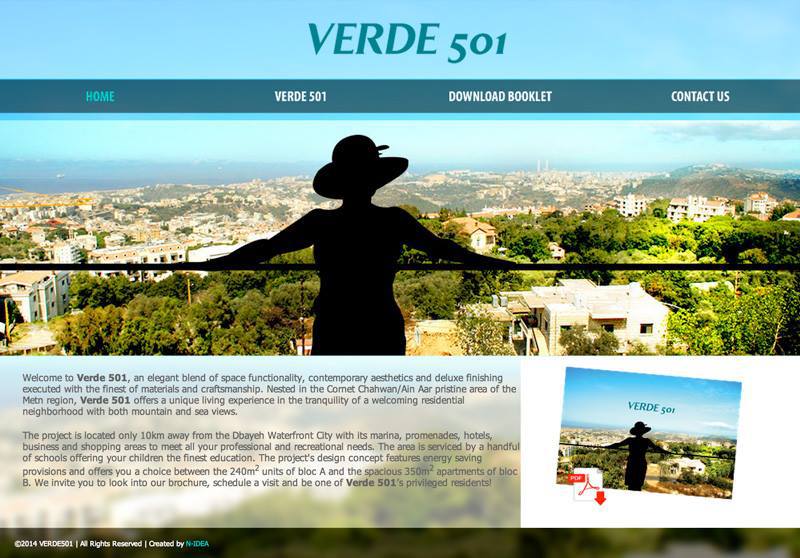A website for verde 501 shows a woman standing on a balcony overlooking a city