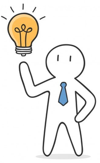 A stick figure is holding a light bulb over his head.