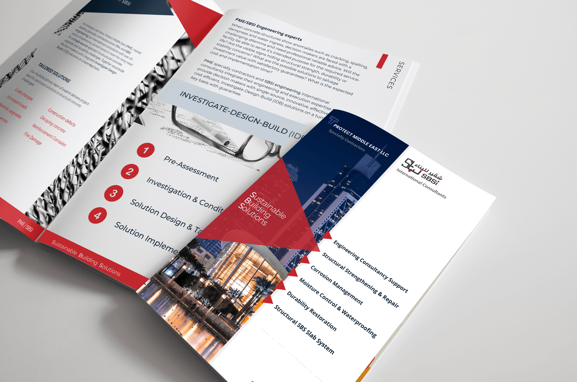 A red white and blue brochure with a picture of a city