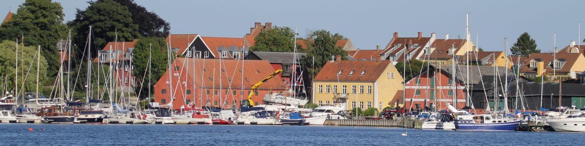 En række både ligger til kaj i Præstø havn med huse i baggrunden.