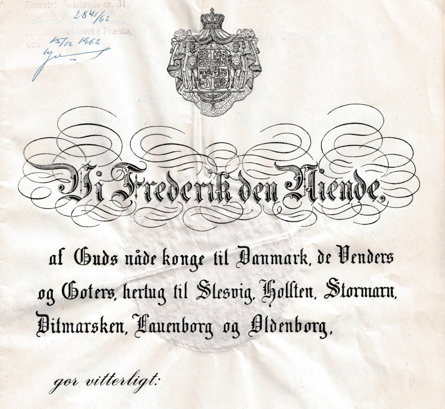 Et stykke papir, hvor der står 'frederik den minde' på