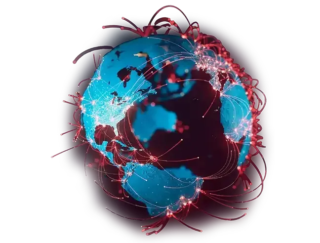 A blue globe with red lines around it