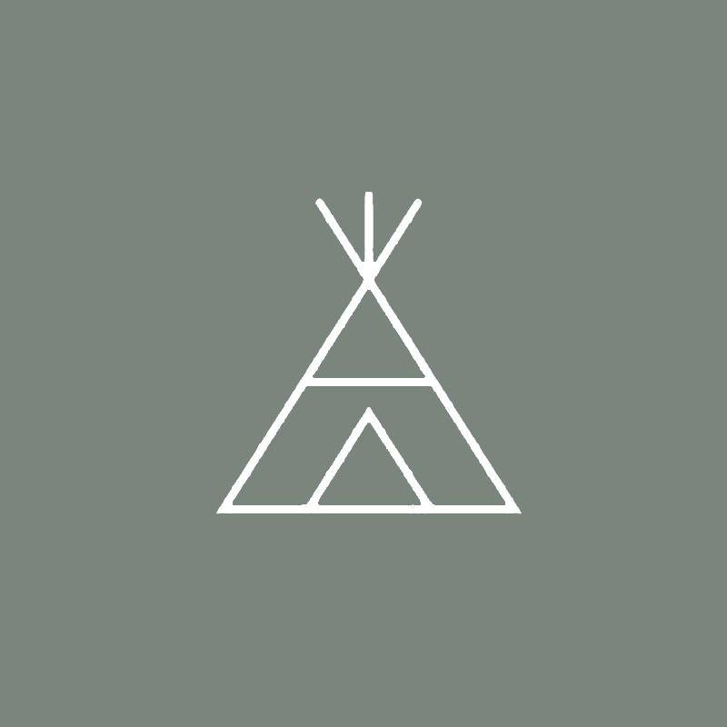 White line drawing of a teepee on a muted green square background.