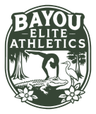 Bayou Elite Athletics logo: Silhouette of gymnast on alligator, egret, trees, flowers. Text: 