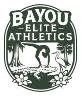 Bayou Elite Athletics logo: Silhouette of gymnast on alligator, egret, trees, flowers. Text: 