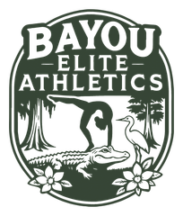 Bayou Elite Athletics logo: Silhouette of gymnast on alligator, egret, trees, flowers. Text: 