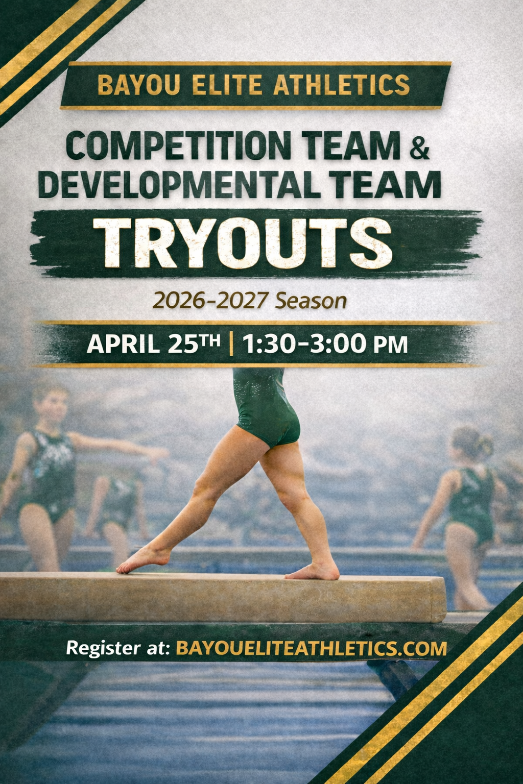 Three young gymnasts in blue leotards celebrate with medals in a gym. Two are ecstatic, raising arms and smiling, while one smiles shyly.