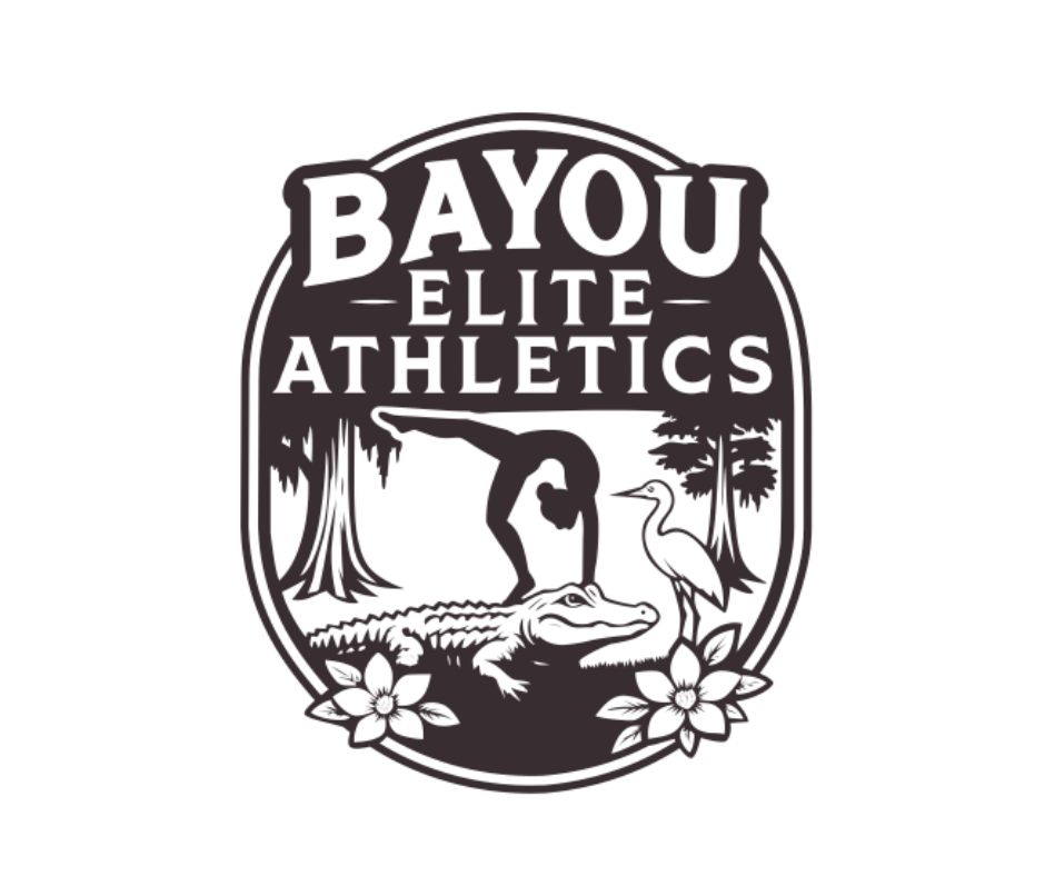 Logo for Bayou Elite Athletics featuring a gymnast in a bridge pose over an alligator in a bayou setting.