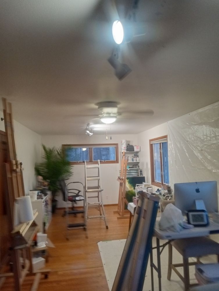 Art studio with wooden floors, ladders, easels, and two ceiling fans, bathed in overhead light.