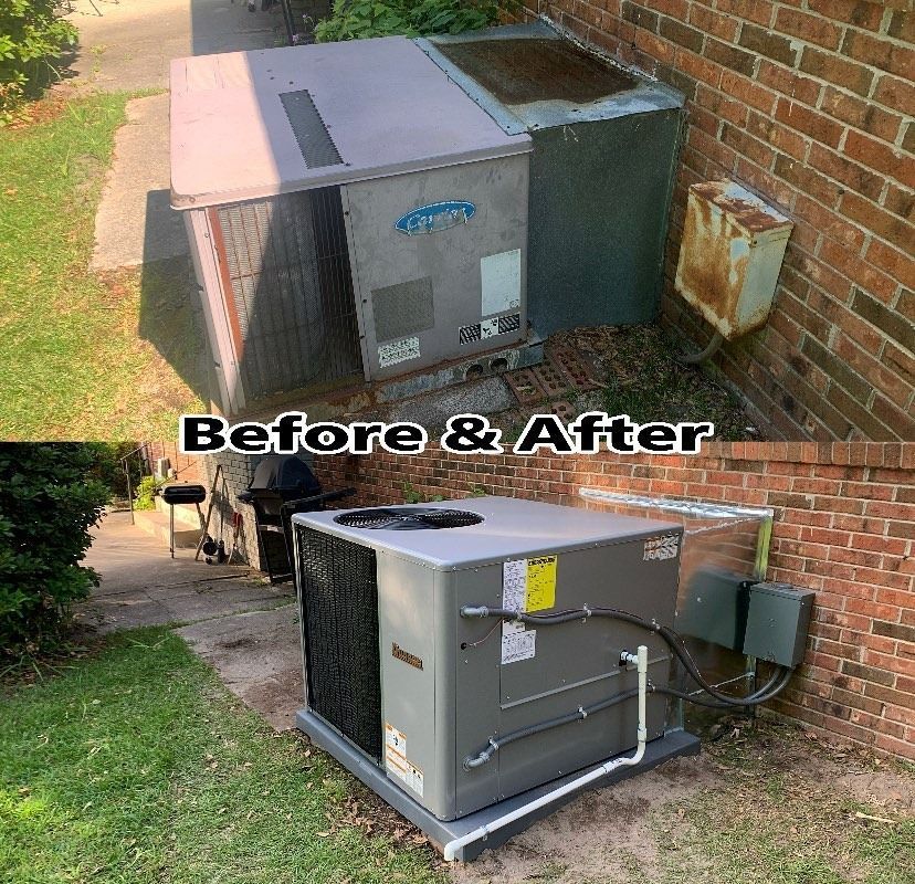 A before and after picture of an air conditioner on a brick wall.