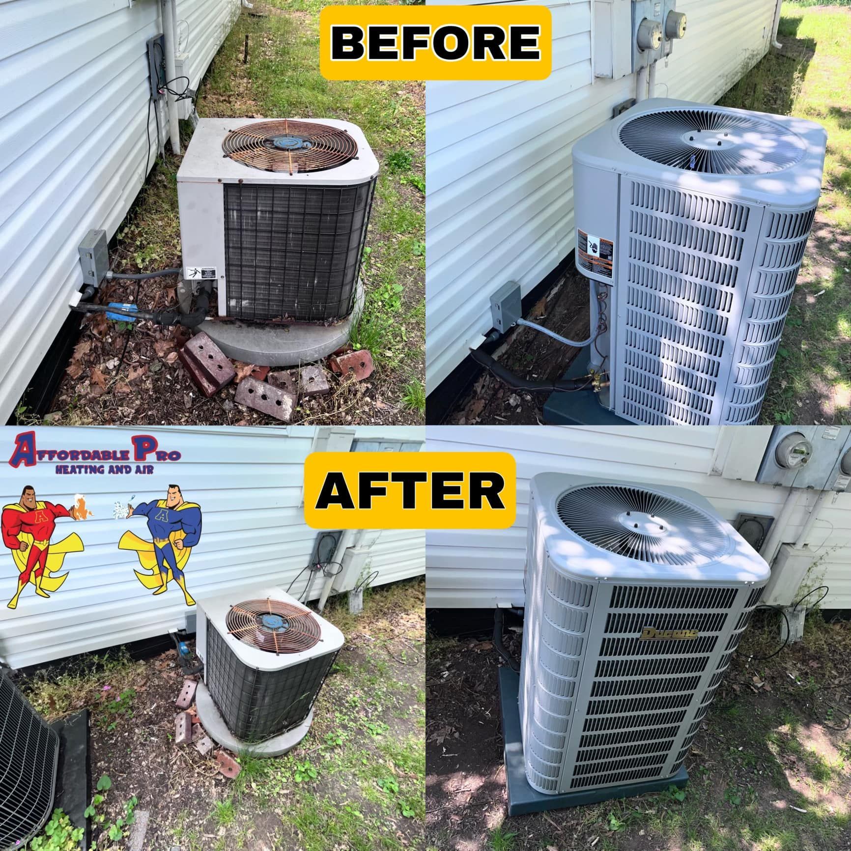 A before and after picture of an air conditioner on the side of a house.