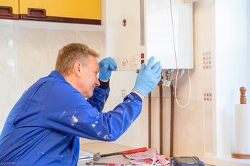 A man is fixing a boiler in a kitchen.