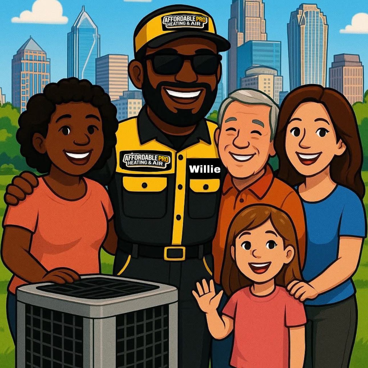 Affordable Pro Heating & Air LLC - A cartoon of a man standing next to a group of people.